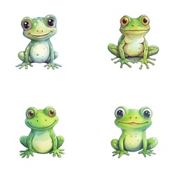 Set Of Cute Frog Watercolor Illustrations For Printing On Baby Clothes, Sticker, Postcards, Baby Showers, Games And Books, Safari Jungle Animals Vector