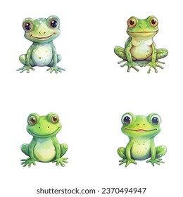 set of cute frog watercolor illustrations for printing on baby clothes, sticker, postcards, baby showers, games and books, safari jungle animals vector