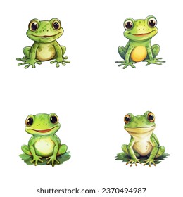 set of cute frog watercolor illustrations for printing on baby clothes, sticker, postcards, baby showers, games and books, safari jungle animals vector