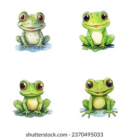 set of cute frog watercolor illustrations for printing on baby clothes, sticker, postcards, baby showers, games and books, safari jungle animals vector