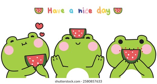 Set of cute frog with watermelon fruit in various poses.Summer.Reptile animal character cartoon.Image for card,sticker,baby clothing,print screen.Kawaii.Vector.Illustration.