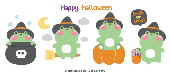 Set of cute frog in witch costume various poses in halloween concept.Festival.Reptile animal cartoon character design.Trick or treat.Kawaii.Vector.Illustration.