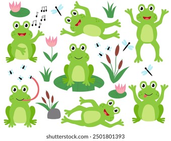 Set of cute frogs. Children Hand drawn vector flat illustration. Summer clip art collection.