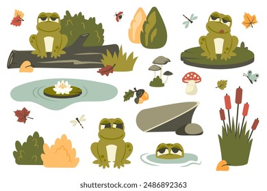 Juego de ranas lindas. Elementos de otoño.  Follaje otoñal, loto, insectos voladores, fauna. Sapos divertidos sentados en la hoja, el árbol, en el estanque. Personajes de dibujos animados.  Vector ilustración plana Anuncio, póster, tarjeta