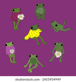 A set of cute frogs with flowers hand-drawn
