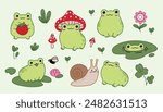 Set of cute frogs. Hand drawn vector illustration. Doodle cartoon style. Summer collection.
