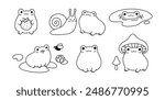 Set of cute frogs. Hand drawn vector illustration. Doodle cartoon style. Summer collection. Line art.