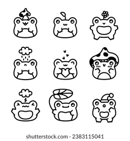 Set of Cute Frogs. Sticker pack of Funny Frogs with different Emotions. Vector Collection of Children's Characters. Kawaii Fairy Toads with Mushroom, Fly Agaric, Flower, Heart, Water Lily.Linear Style