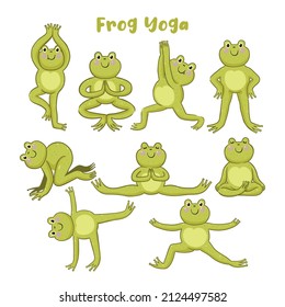 Un conjunto de ranas lindas en yoga posan aisladas en un fondo blanco. Gráficos vectoriales.