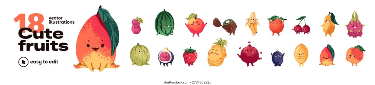 Conjunto de lindos personajes de frutas y bayas. Plátano y mango kawaii con diferentes emociones en la cara. Divertida sandía y naranja con expresiones alegres y tristes. Ilustraciones vectoriales aisladas planas en blanco
