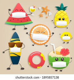 Diseñar dibujos animados de frutas con figuras de la sandía vectorial, piña, naranja, limón, coco, zumo de naranja, tabla de surf y anillos de nado. Colorido tema de las vacaciones de verano con frutas usando máscaras médicas.