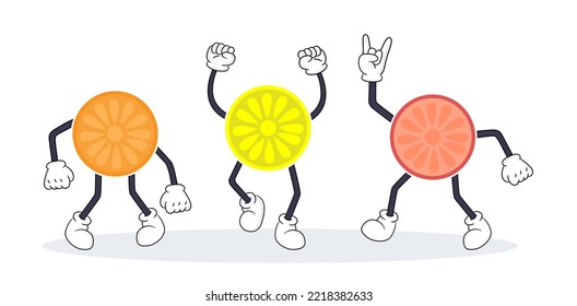Conjunto de personajes de la fruta con gestos divertidos. Ilustraciones vectoriales de cítricos alegres. Caricatura divertidas rodajas de naranja, limón y pomelo con brazos y piernas aislados en blanco. Concepto de expresión