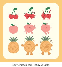 Set of cute fruit characters including cherry, peach, and pineapple. Each character expresses emotions and poses, perfect for kids’ designs, stickers, and summer-themed illustrations.