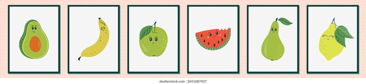 Set of cute fruit characters. Posters with funny emotional fruits including avocado, watermelon, pear, banana, apple, lemon. Hand drawn flat design vector illustrations.