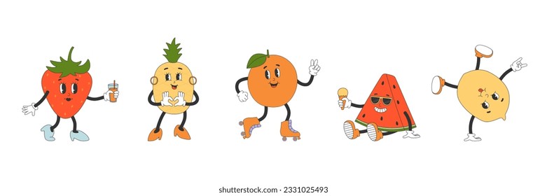 Set of cute fruit characters in y2k groovy style. Strawberry, pineapple, orange, lemon, watermelon cartoon characters in trendy retro style. Isolated vector illustration. 