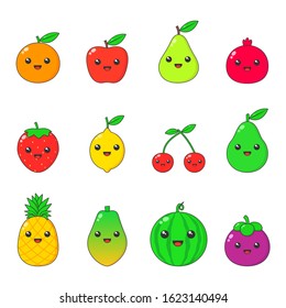 Set of cute fruit, colorful cute cartoon illustration, orange, apple, pear, strawberry, watermelon, lemon, avocado, mangosteen, pineapple, pomegranate, & papaya 
