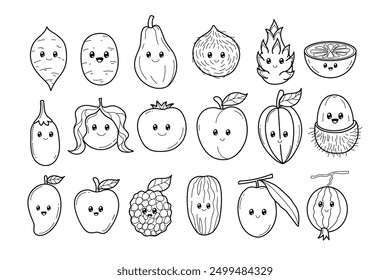 Set of cute fruit doodle set collection with chibi or kawaii style for fruit coloring page book kindergarten worksheet, fruit cartoon outline with face, rambutan, coconut, papaya, apple, mango