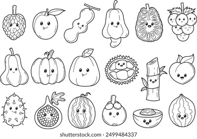 Conjunto de colección de doodle de fruta linda con estilo chibi o kawaii para colorear la hoja de trabajo del jardín de infantes del libro de página de colorear de fruta, contorno de dibujos animados de frutas con cara, higo, sandía, jackfruit, uva, calabaza