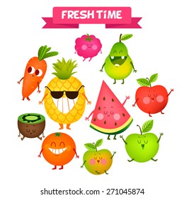 A set of cute fruit. Illustration with funny characters. Love and hearts.  Funny food.  time fresh. Orange, apple, watermelon, kiwi, carrot, pear, pineapple.