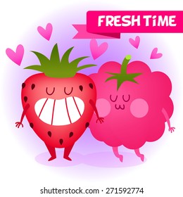 A set of cute fruit. Illustration with funny characters. Love and hearts. Funny food. time fresh. Raspberries and strawberries, berries