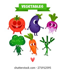 A set of cute fruit. Illustration with funny characters. Love and hearts. Funny food. vegetables cute. Tomato, radish, broccoli, fennel, carrots