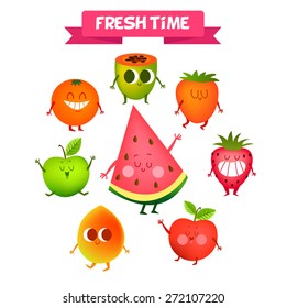 A set of cute fruit. Illustration with funny characters. Love and hearts. Time to fresh.  Orange, apple, watermelon. apricot, strawberry, papaya, persimmons. 