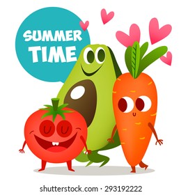 A set of cute fruit. Illustration with funny characters. Love and hearts. Time to fresh.