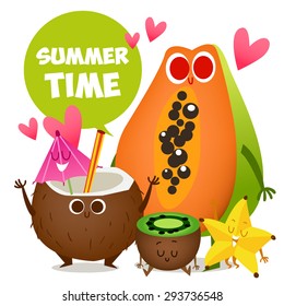 A set of cute fruit. Illustration with funny characters. Love and hearts. Funny food. time fresh. Summer time. Summer illustration. Healthy food. 100% natural. Summer fresh. 100% Raw