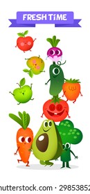 A set of cute fruit. Illustration with funny characters. Vegetables. Tomato, radish, broccoli, carrots,avocado.RAW. Summer time. Fresh meal. 