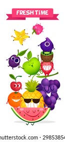 A set of cute fruit. Illustration with funny characters. Vegetables. RAW. Summer time. Fresh meal. 