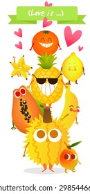 A set of cute fruit. Illustration with funny characters. Vegetables. RAW. Summer time. Fresh meal. 