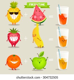 A set of cute fruit. Illustration with funny characters. Love and hearts. Time to fresh. 