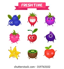 Eine Reihe süßer Früchte. Illustration mit lustigen Charakteren. Liebe und Herz.  Frohes Essen. Apfel, Bananen, Erdbeeren, Himbeeren, Brombeeren, Heidelbeeren, Kiwi