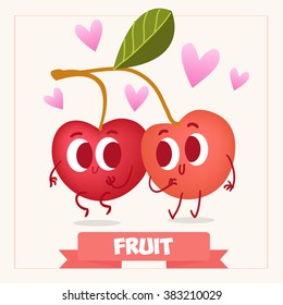A set of cute fruit. Illustration with funny characters. Love and hearts. Time to fresh.  Cherries.