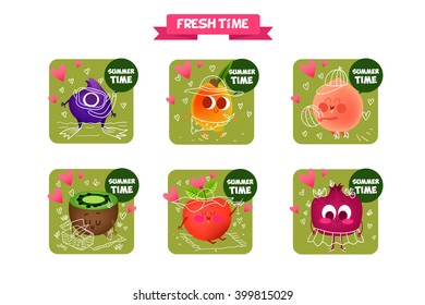 A set of cute fruit. Illustration with funny characters. Love and hearts. Time to fresh. 