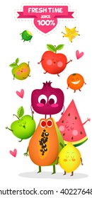 A set of cute fruit. Illustration with funny characters. Love and hearts. Time to fresh. 