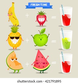 A set of cute fruit. Illustration with funny characters. Love and hearts. Time to fresh. 