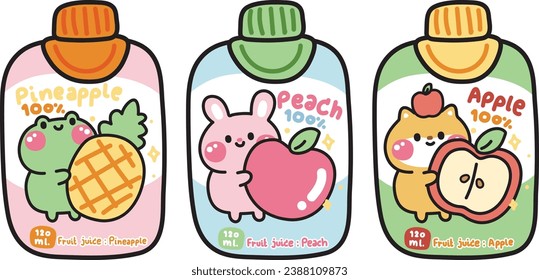 Juego de caja de jugo de fruta linda con animales adorables de dibujos animados sobre fondo blanco.Rana, conejo, shiba u mano de perro dibujada.Piña, melocotón, sabor a manzana.Bebida.Japonesa.Kawaii.Vector.Ilustración.