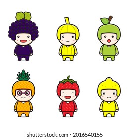 Set of cute fruit mascot cartoon icon illustration. Design isolated flat cartoon style