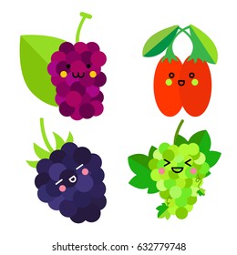 Set of cute fruit. Mulberry, Goji berry, Green grapes, Blackberry with funny faces on white background