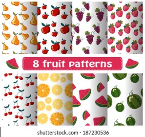 Set of cute fruit patterns. Abstract seamless patterns with simple drawn fruits. Fabric swatches. Design for wrapping paper, web, gift paper, cover. Patterns with cherry, pears, grapes, strawberries