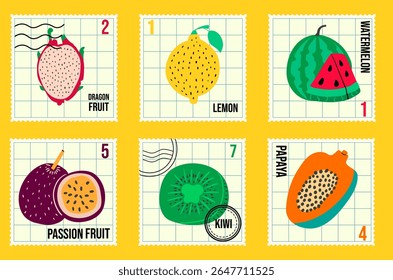 Conjunto de selos de postagem de frutas bonitos. Coleção de vetor desenhada à mão de frutos exóticos. Comida orgânica vegetariana. Elementos tropicais.