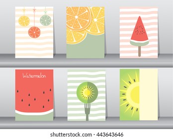 Set of cute fruit poster,template,cards,watermelon,orange,Vector illustrations