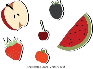 Set of cute fruit stickers with outline and shadow. Includes watermelon, strawberry, apple, cherry, blackberry and pitanga. Perfect for planners, packaging and kids designs.