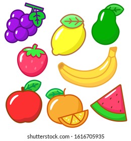 Set of cute fruit vector illustration such as strawberry, apple, orange, lemon and others isolated on white background 