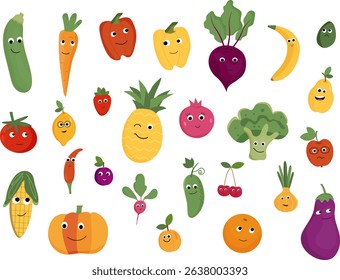 Set of cute fruit and vegetable  characters in kawaii style. Cartoon smiling fruit and vegetable faces.
Clipart for kids. 
