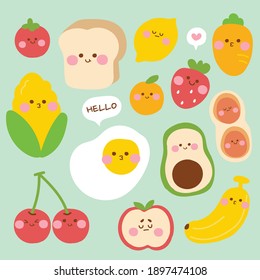 Set süße Früchte und vegtable auf blauem Hintergrund.Mais, Tomate, Brot, Orange, Karotten, Zitrone, Banane, Kirsche, Ei, Erdbeere, Avocado Cartoon.Hand gezeichnet.Doodle.Kid Grafik Design.Kawaii.Vector.Illustration.