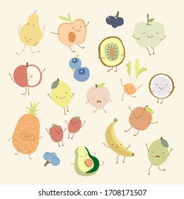 Set of cute fruits and berries with smiles. Bright colorful food collection isolated on blush background. Vector illustration in flat cartoon style.