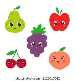 Set of cute fruits characters with different emotion in hand-drawn cartoon style. Funny characters for stickers, posters, cards, invitations and nursery room decor. Vector illustration isolated on a