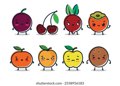 Set of cute Fruits characters with different emotions, simple draw of tiny beetroot, mandarin, apricot, apple, coconut, passion fruit, persimmon, cherry, simple flat vector illustration.